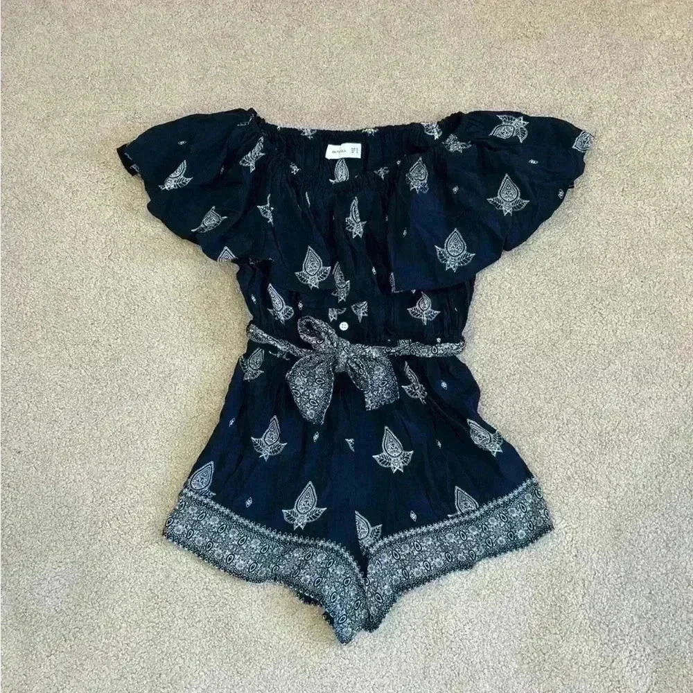 Faithfull the Brand La Loma Off the Shoulder Bohemian Navy blue Romper in size 2